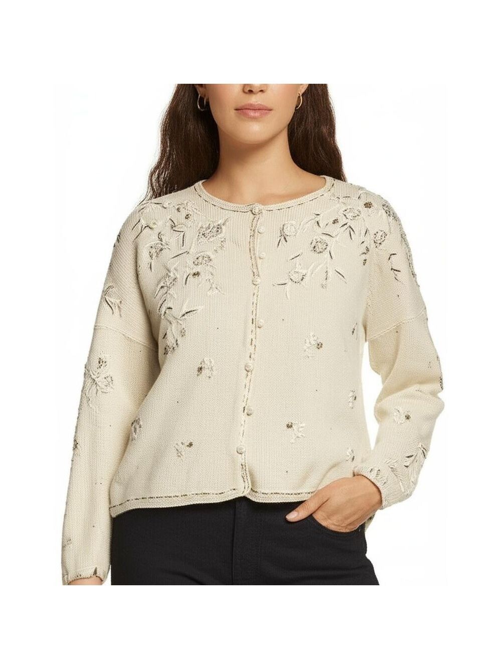 Tiara International Cardigan Sweater Womens Size L Cream Floral Beaded Knit
